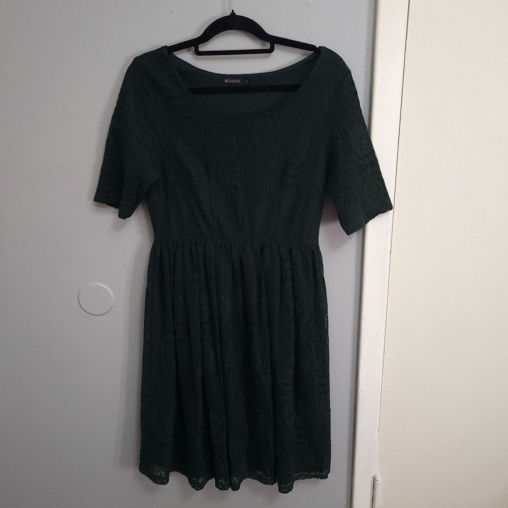 Mikarose‎ Women's Green Floral Lace Short Sleeve Lined Dress Size Large